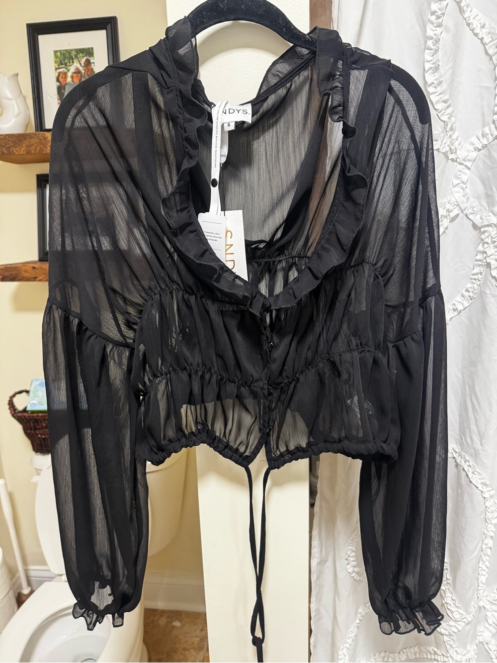 Andysblack Black Sheer Ruffle Drawstring Crop Blouse